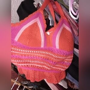Women's Orange and Pink Crochet Bralette Crop Top